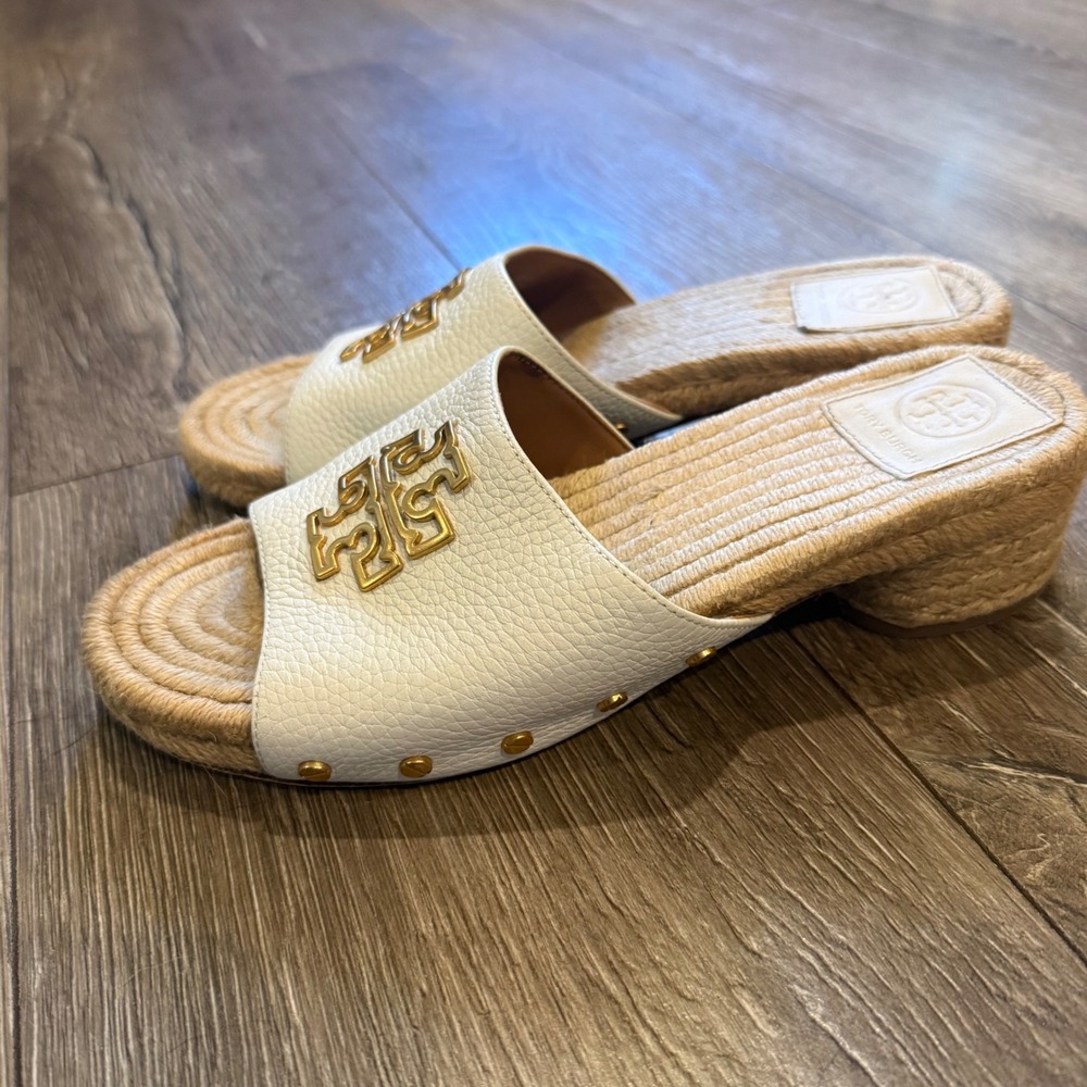 Tory Burch Womens 8.5 Ivory Leather Espadrille Slide Sandals Gold Logo Heel